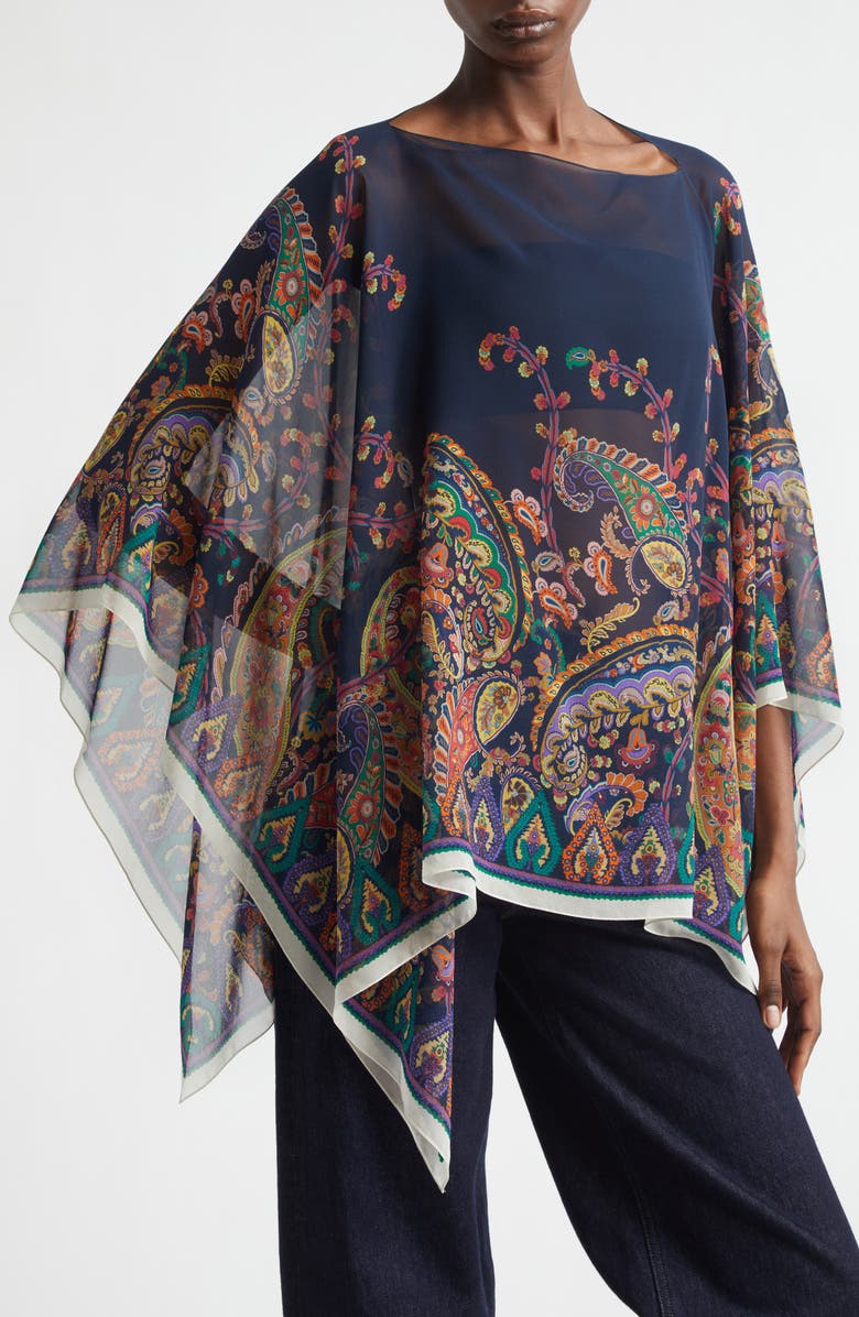 Etro Paisley Print Silk Chiffon Poncho, Alternate, color, Printed Blue Base