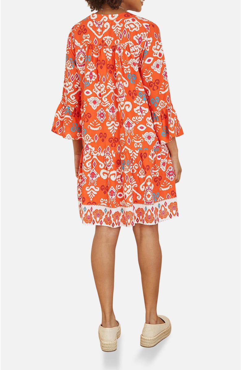 Yumi Flared Ikat Print 3/4 Sleeve Tunic Dress, Alternate, color, Orange