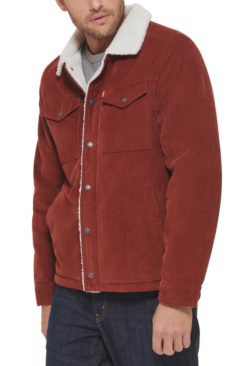 Faux Shearling Lined Corduroy Trucker Jacket, Alternate, color, RUST