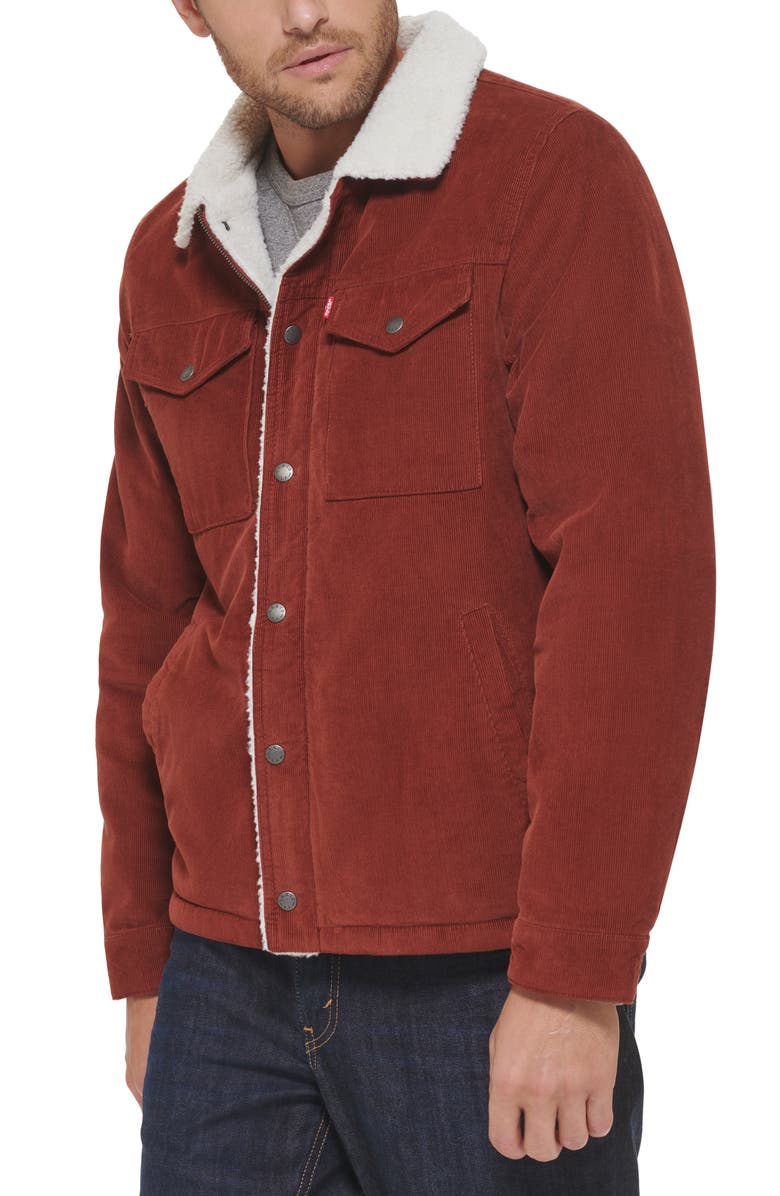 Levi's<sup>®</sup> Faux Shearling Lined Corduroy Trucker Jacket, Alternate, color, Rust