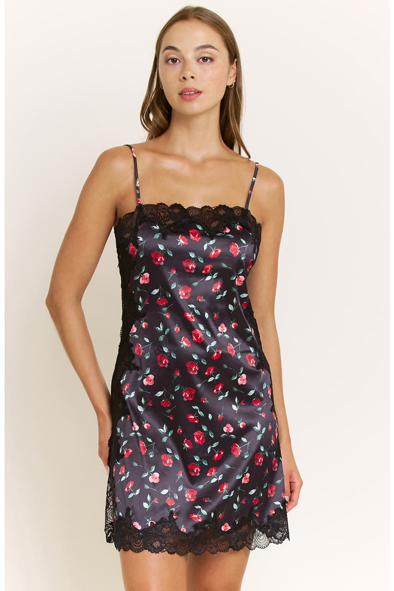 Garden of Eden Lace Trim Satin Chemise, Alternate, color, DARK ROSES
