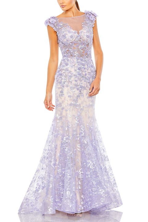 Embellished Cap Sleeve Cowl Neck Trumpet Gown