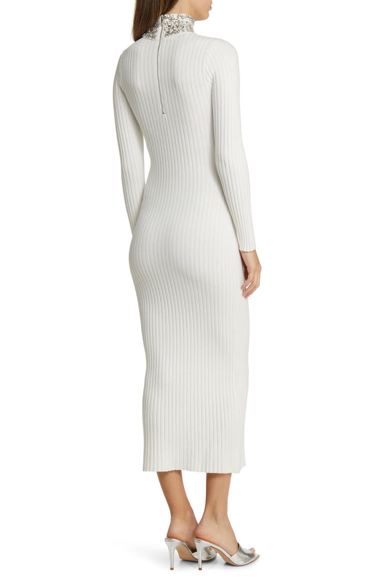 Crystal Neck Long Sleeve Rib Midi Dress, Alternate, color, WHITE
