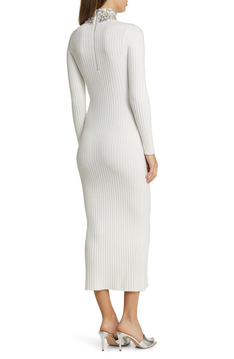bebe Crystal Neck Long Sleeve Rib Midi Dress, Alternate, color, White