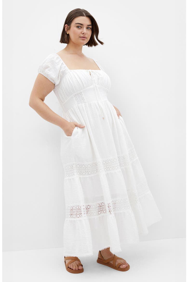 Haven Lace Inset Puff Sleeve Midi Dress, Alternate, color, IVORY