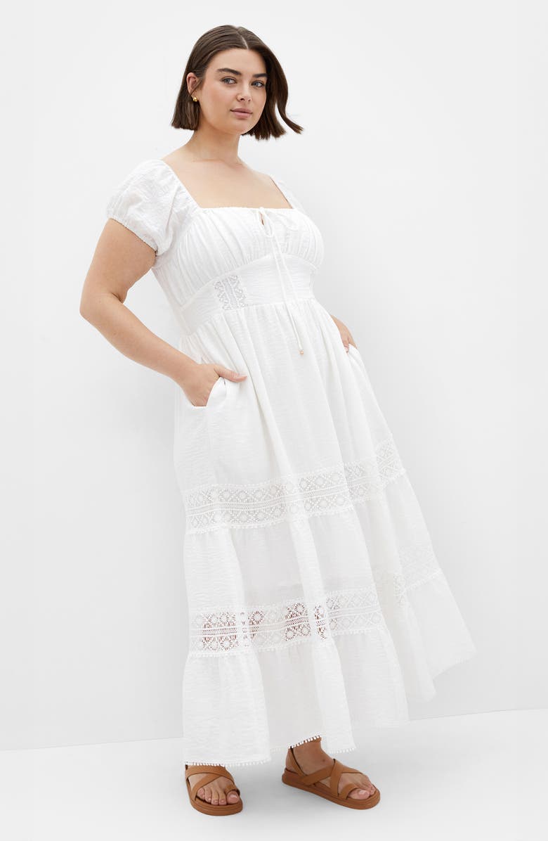 City Chic Haven Lace Inset Puff Sleeve Midi Dress, Alternate, color, Ivory