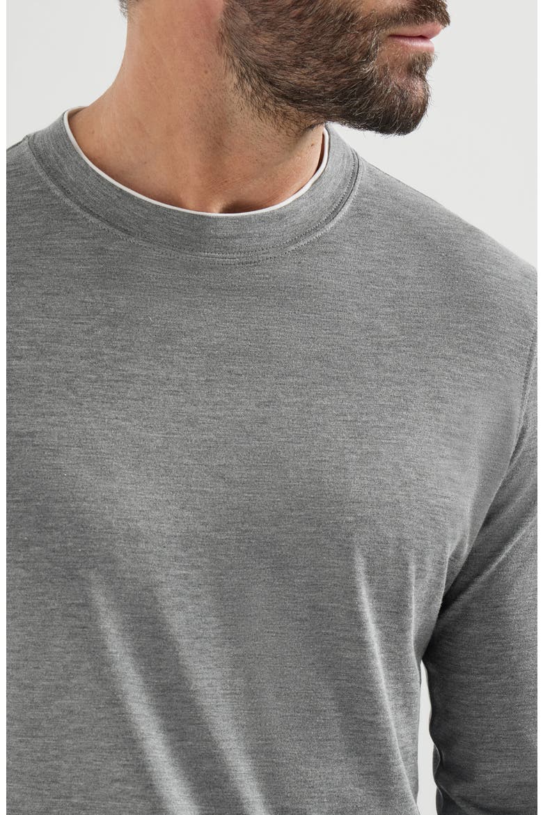 Silk and cotton lightweight jersey long sleeve crew neck T-shirt with contrast detail, Alternate, color, Off-White