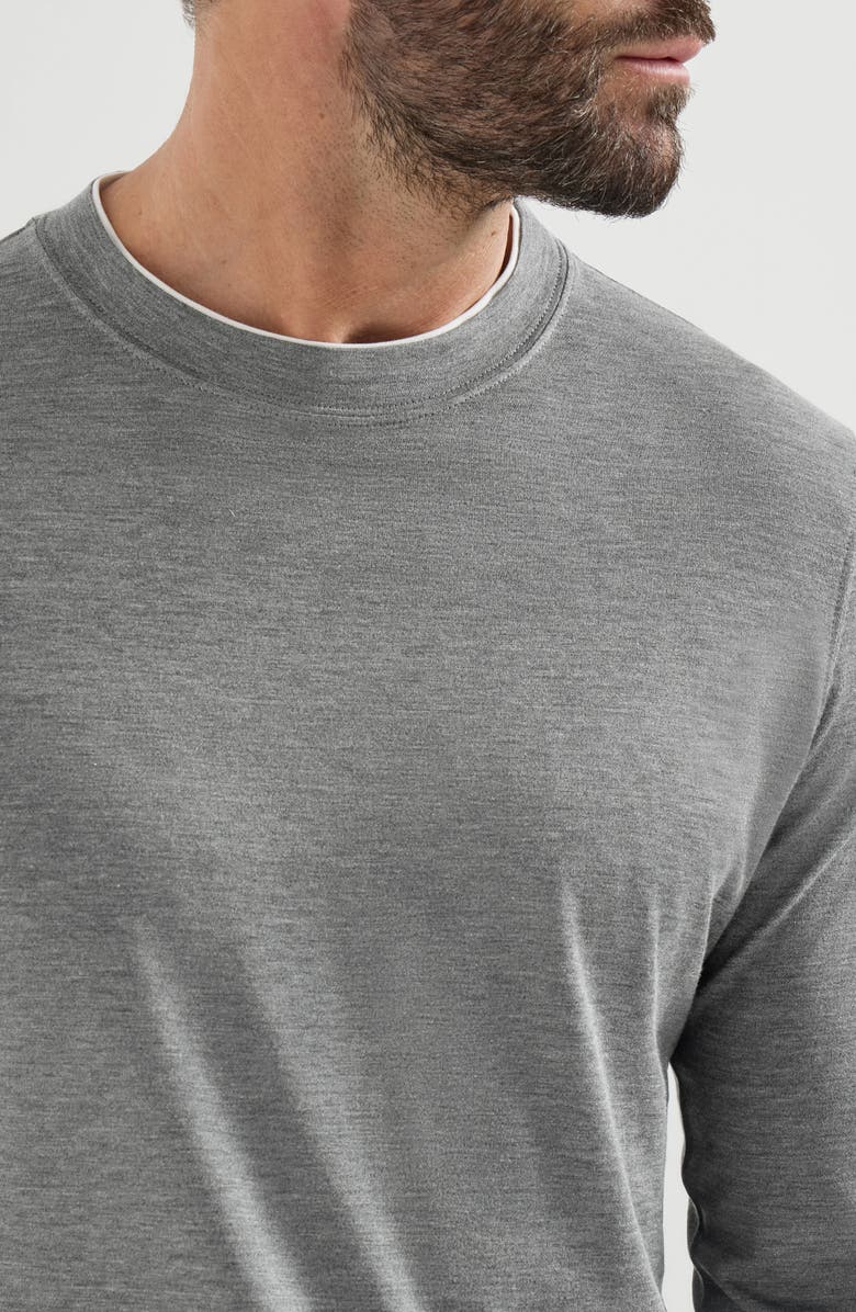 Brunello Cucinelli Silk and cotton lightweight jersey long sleeve crew neck T-shirt with contrast detail, Alternate, color, Off-White