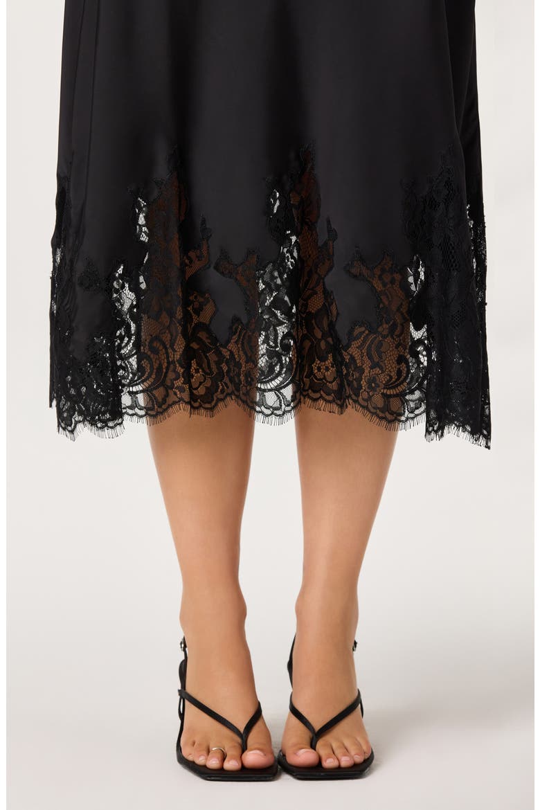Abrianna Lace Trim Satin Midi Dress, Alternate, color, BLACK