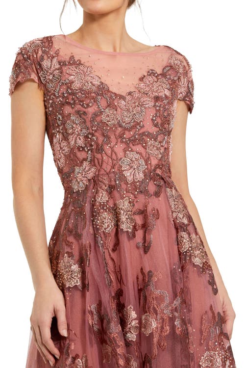Mac Duggal Floral Embroidered Cap Sleeve Evening Gown In Brown