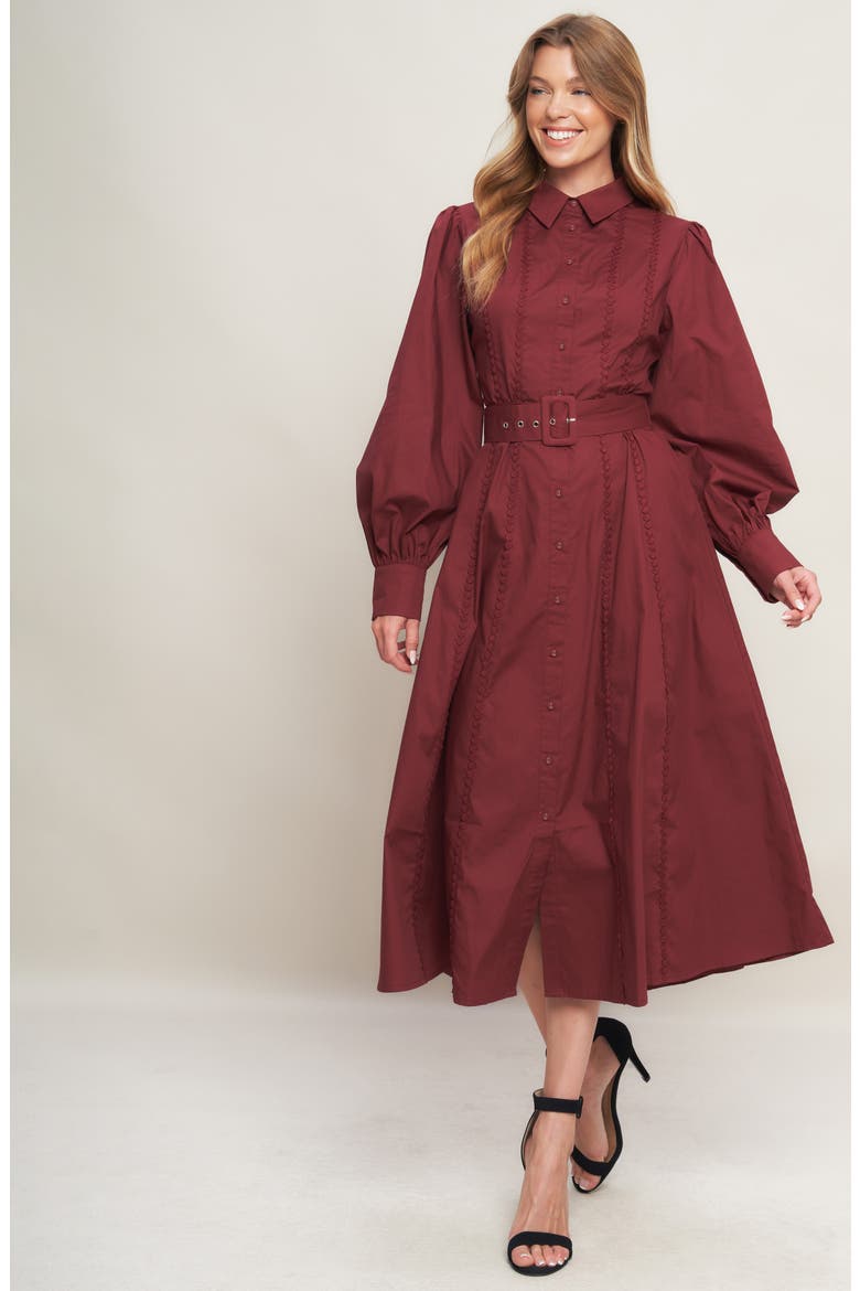 Long Sleeve Solid Midi Shirtdress, Alternate, color, BURGUNDY