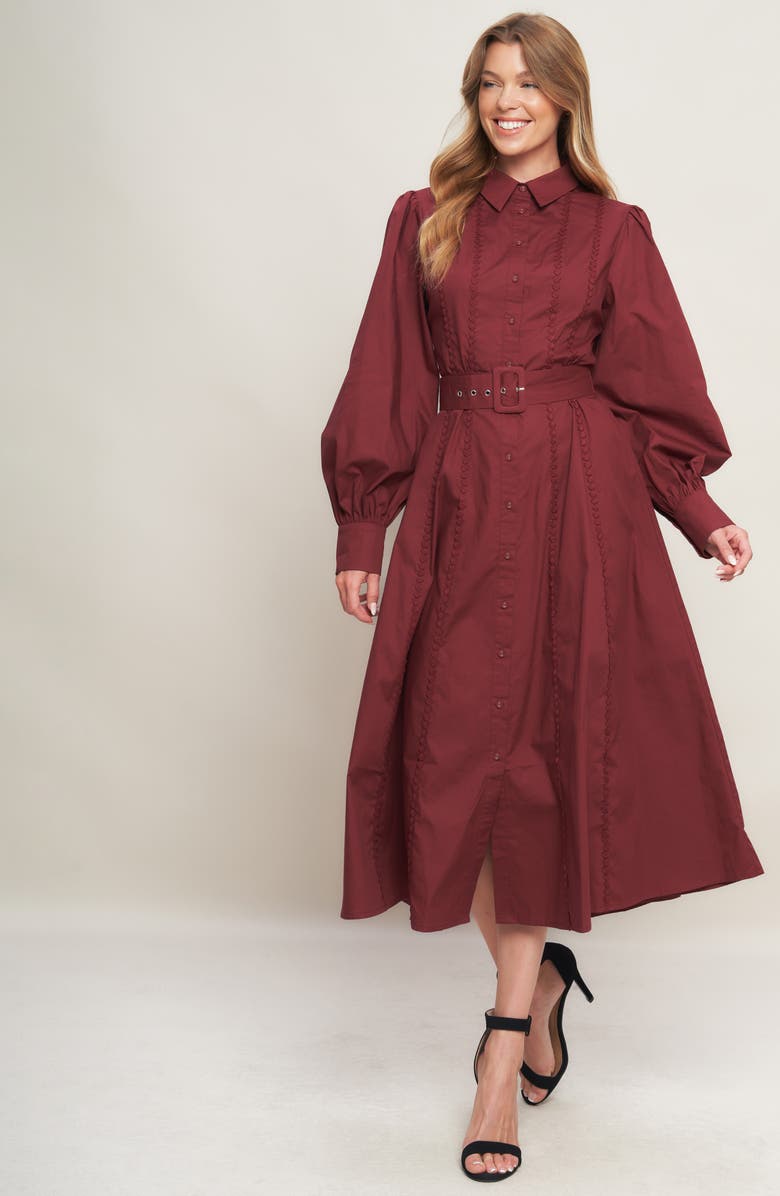 FLYING TOMATO Long Sleeve Solid Midi Shirtdress, Alternate, color, Burgundy