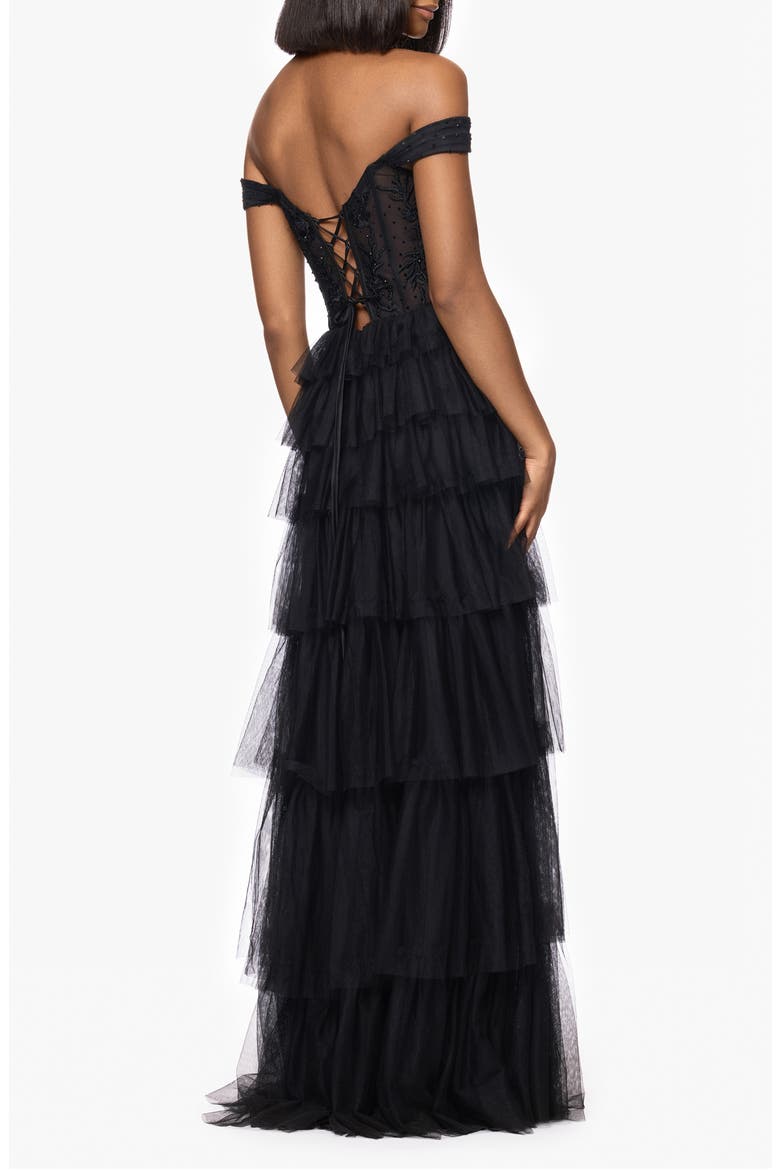 Tiered Ruffle Off the Shoulder Corset Gown, Alternate, color, BLACK