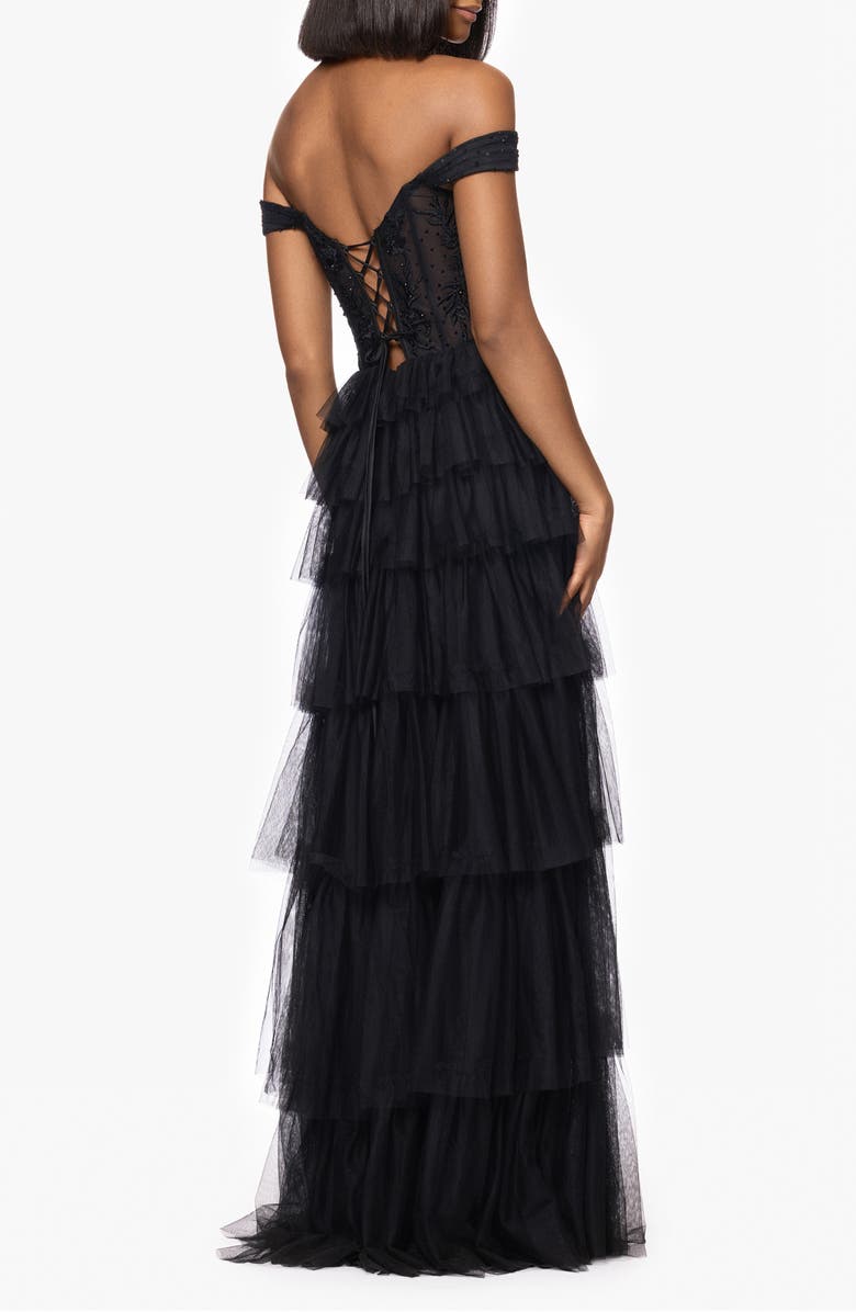 Blondie Nites Tiered Ruffle Off the Shoulder Corset Gown, Main, color, Black