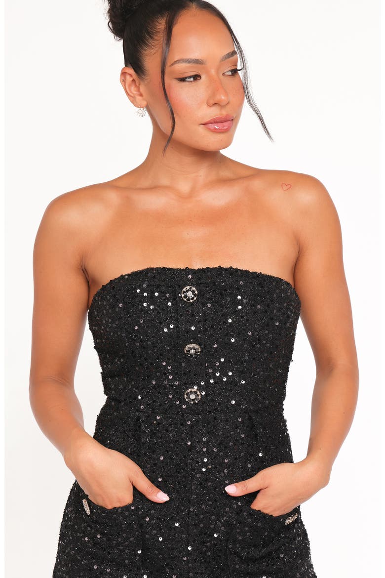 Madeline Sequin Strapless Tweed Romper, Alternate, color, BLACK
