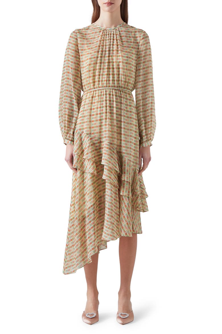 Bea Print Ruffle Asymmetric Long Sleeve Silk Midi Dress, Main, color, ROSE