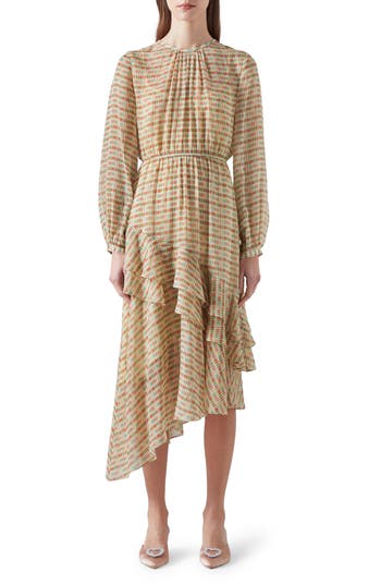 Lk Bennett Bea Print Ruffle Asymmetric Long Sleeve Silk Midi Dress In Pink