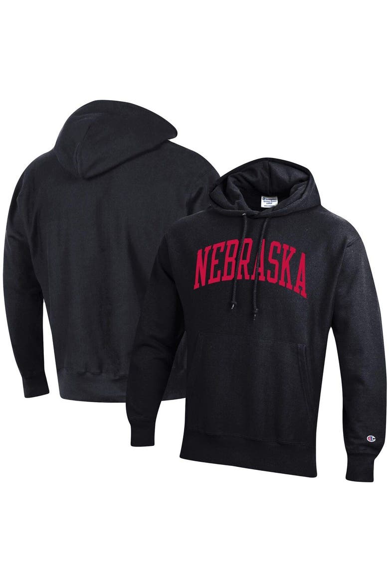 Men's Champion Black Nebraska Huskers Team Arch Reverse Weave Pullover Hoodie, Main, color, Black