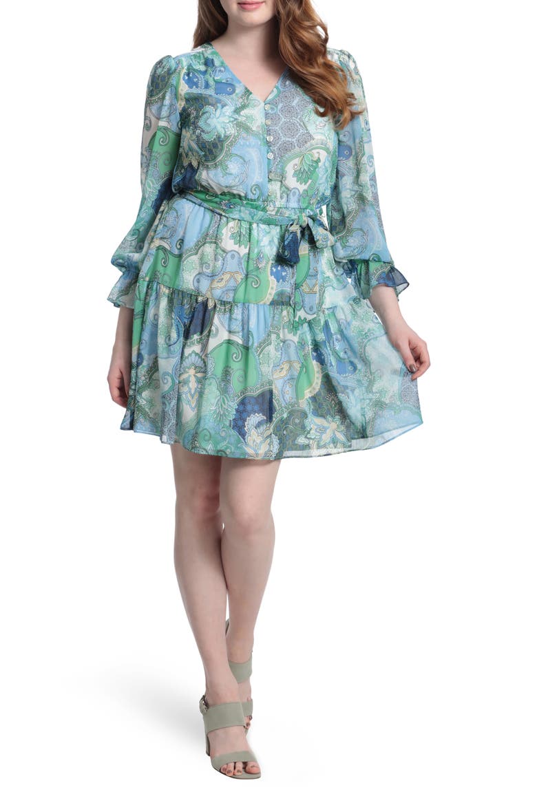 Button Front Tiered Paisley Dress, Main, color, WHITE/ BLUE