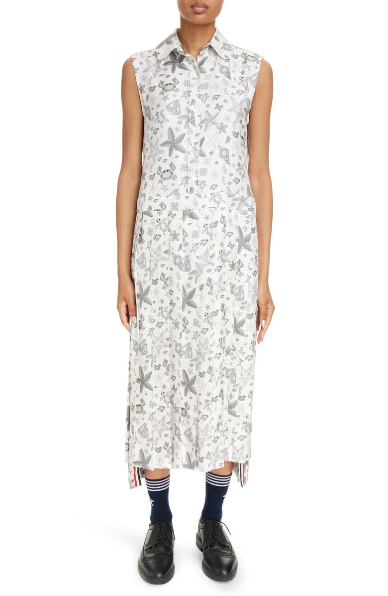 Thom Browne Nautical Crystal Print Sleeveless Pleated Silk Shirtdress, Main, color, White