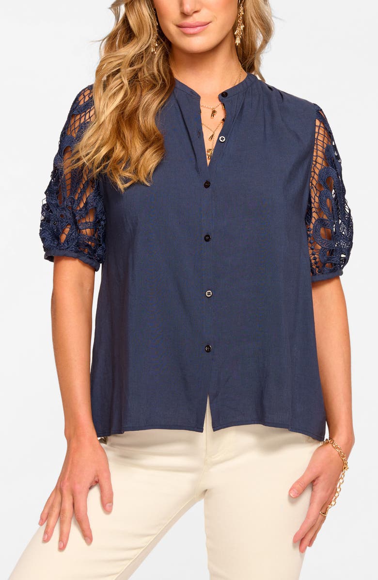 Ramy Brook Gia Lace Sleeve Button-Up Top, Main, color, 