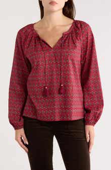Lucky Brand Tassel Tie Neck Cotton Top
