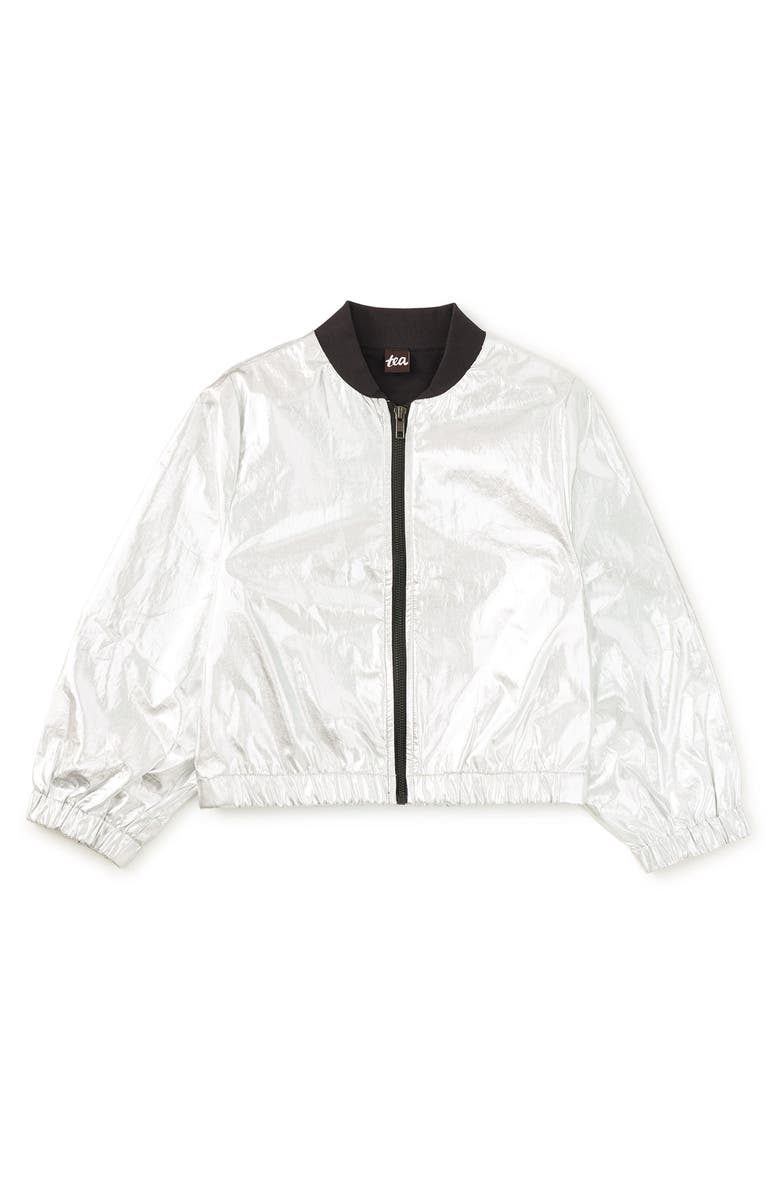 Tea Collection Metallic Bomber Jacket, Main, color, Metallic Silver