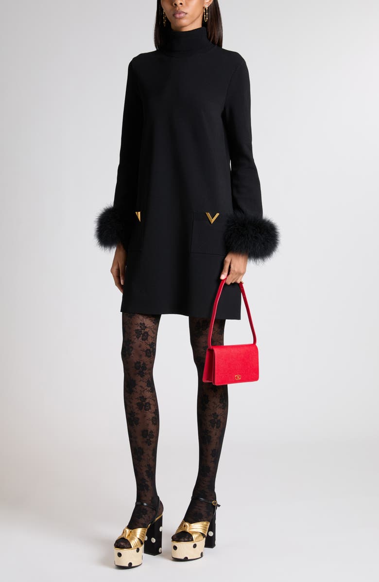 Valentino Feather Trim Long Sleeve Sweater Minidress, Alternate, color, Black