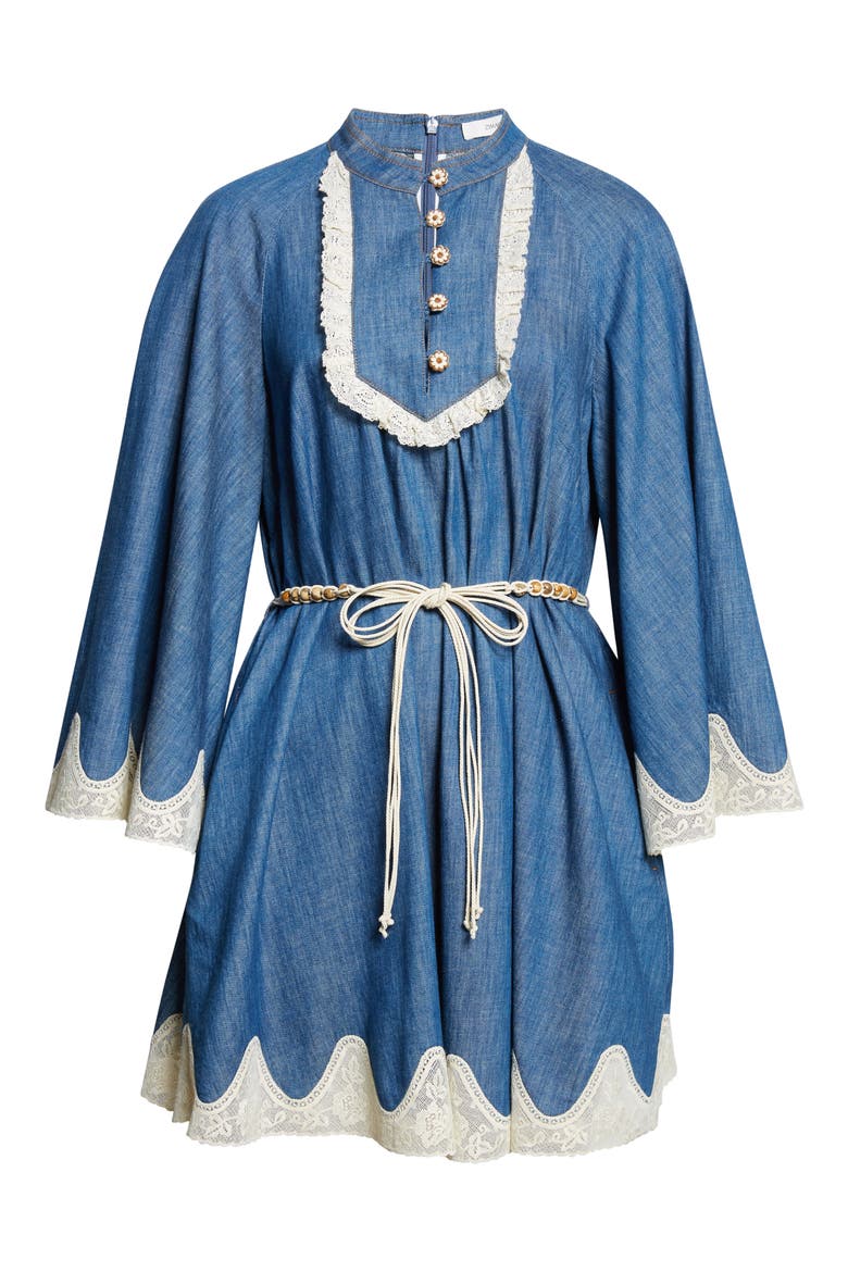 Awaken Belted Lace Trim Denim Minidress, Alternate, color, RAILWAY BLUE