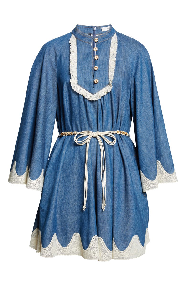 Zimmermann Awaken Belted Lace Trim Denim Minidress, Alternate, color, Railway Blue