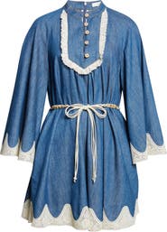 Zimmermann Awaken Belted Lace Trim Denim Minidress