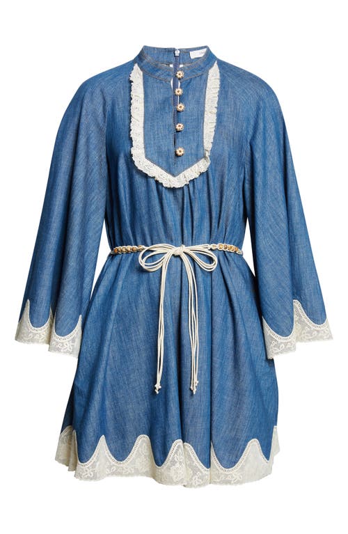 Zimmermann Awaken Belted Lace Trim Denim Minidress In Blue
