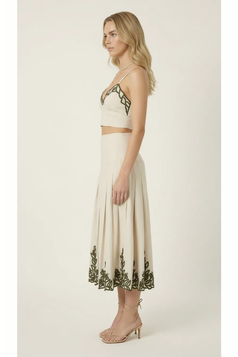 Embroidered Crop Top and Pleated Midi Skirt Set, Alternate, color, Ivory / Olive Embroidery