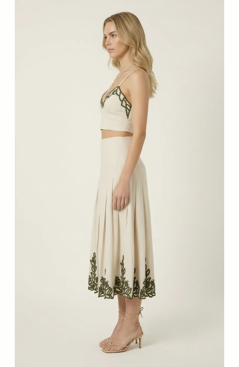 Modenaire Embroidered Crop Top and Pleated Midi Skirt Set, Alternate, color, Ivory / Olive Embroidery