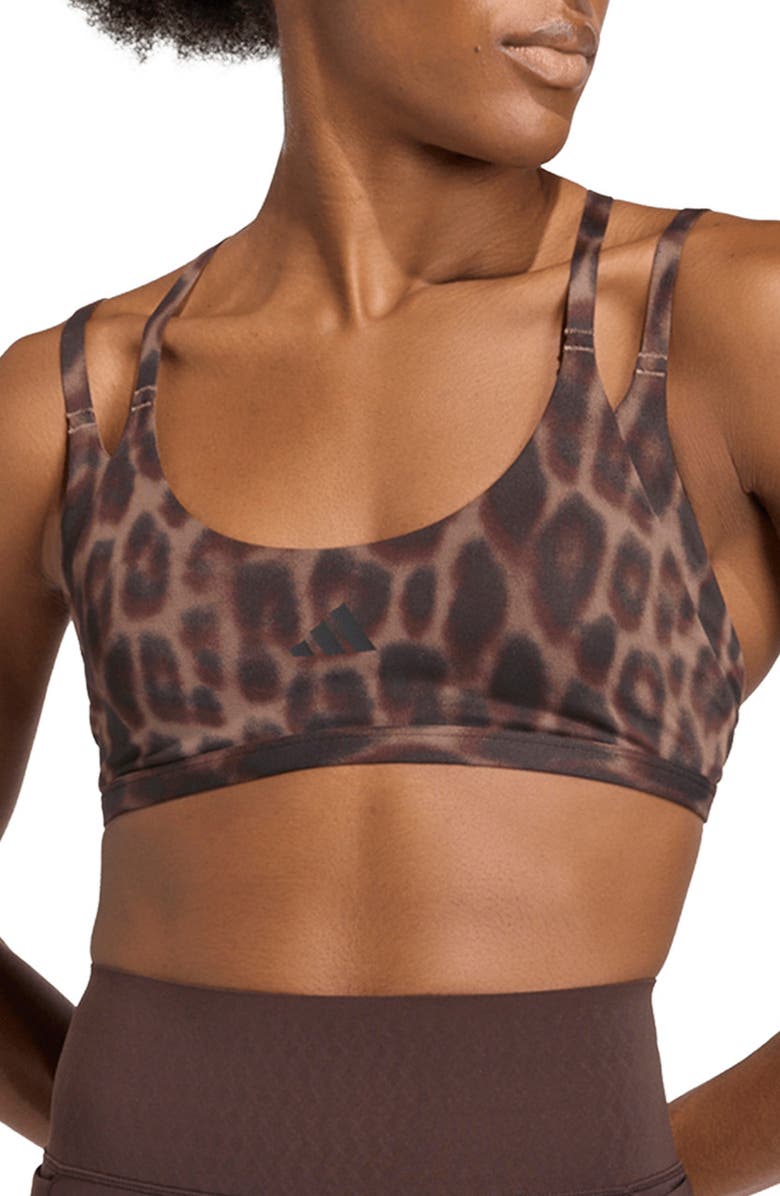adidas Optime Leopard Strappy Light Support Climacool Sports Bra, Main, color, Earth Strata/ Black/ Print