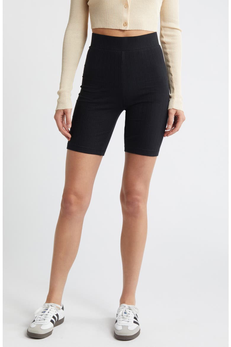 Mae Rib High Waist Bike Shorts, Main, color, BLACK