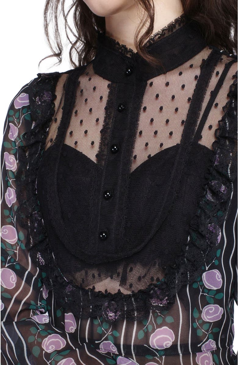Anna Sui Rosetti Chiffon Victorian Bib Dress, Alternate, color, Black/Lilac Multi