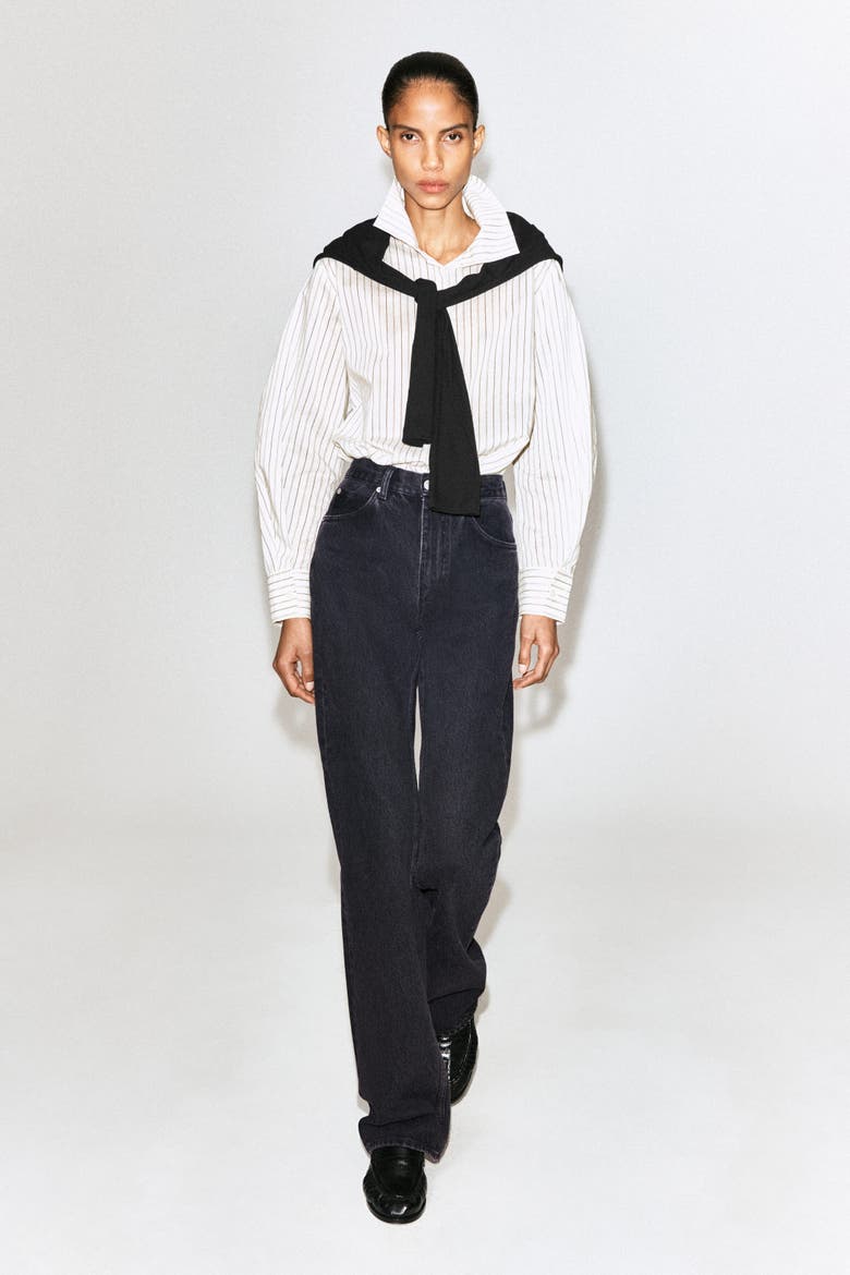 Striped Cotton-silk High-collar Shirt, Alternate, color, IVORY / BROWN / STRIPED