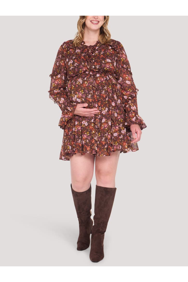 Long Sleeve Ruffle Mini Dress, Main, color, Brown Floral