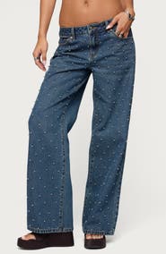 EDIKTED Esmay Low Rise Stud Wide Leg Jeans