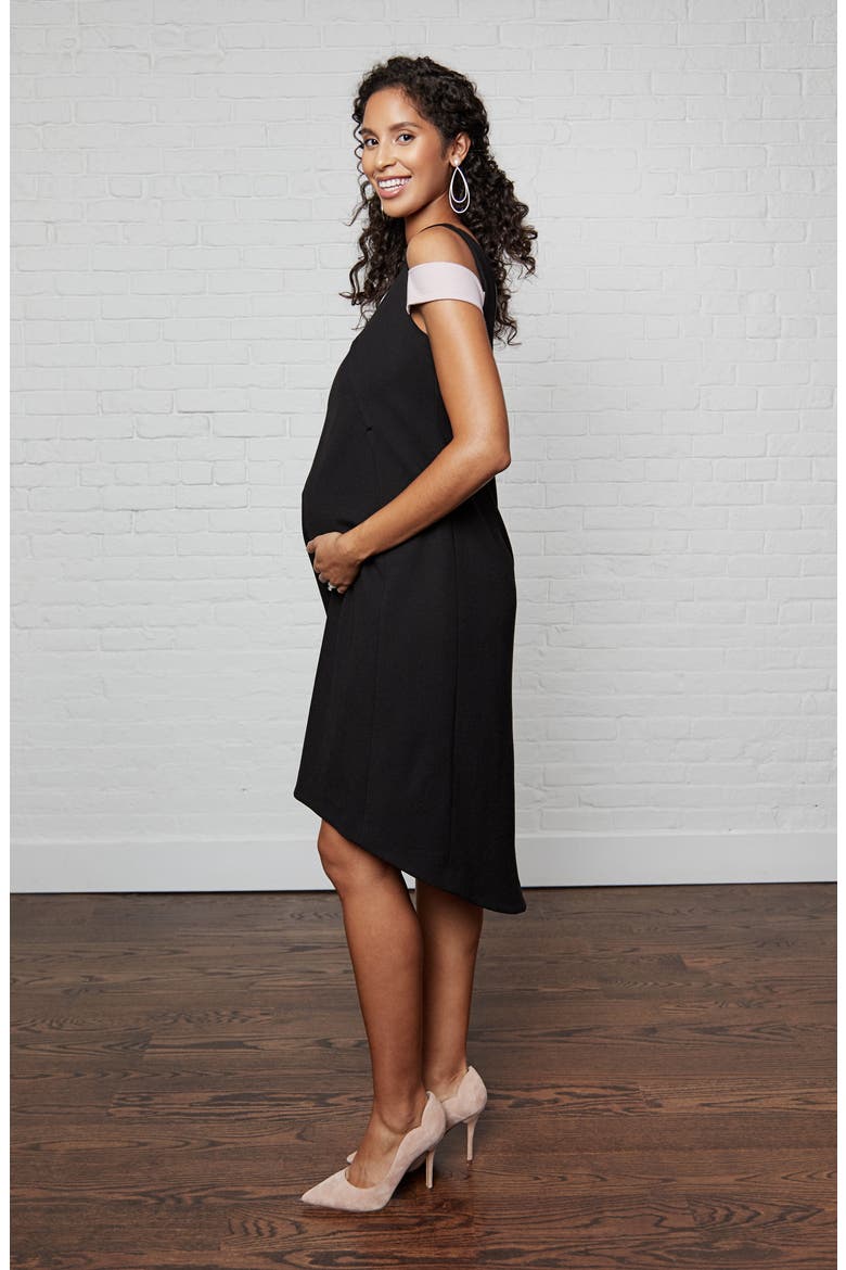 Karolina One-Shoulder Maternity/Nursing Dress, Alternate, color, BLACK