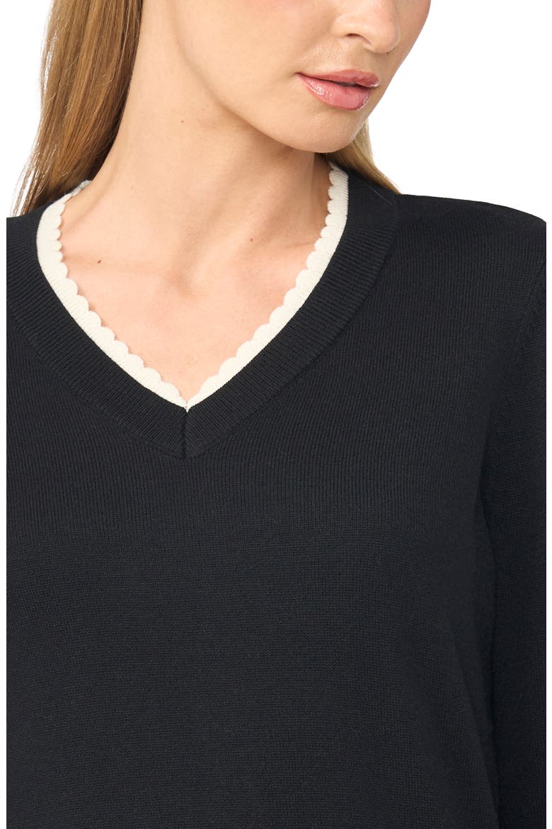 Scalloped Trim V-Neck Sweater, Alternate, color, RICH BLACK