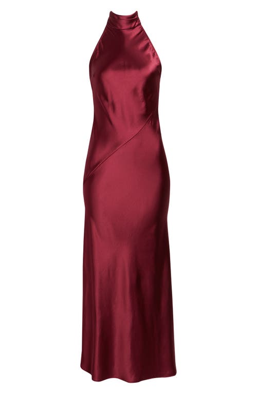 Open Edit Sleeveless Satin Halter Dress In Burgundy