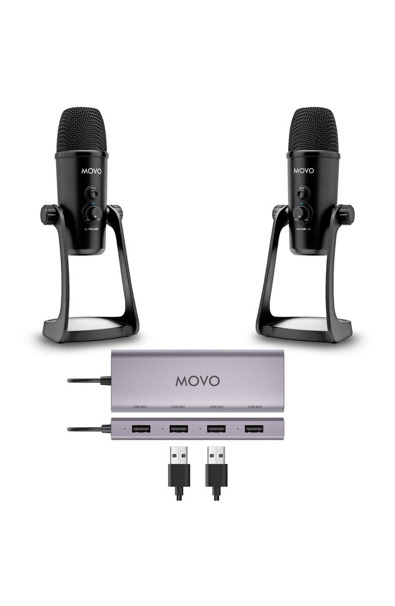 MOVO USB Podcast Equipment Bundle for 2 with USB Interface with 2 Condenser Microphones, Main, color, Black