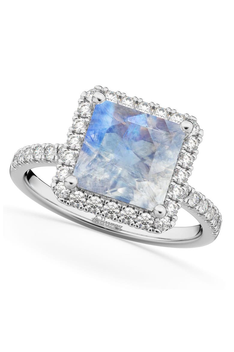 Princess Cut Halo Moonstone & Diamond Engagement Ring 14K, Main, color, 3.47ct/White Gold