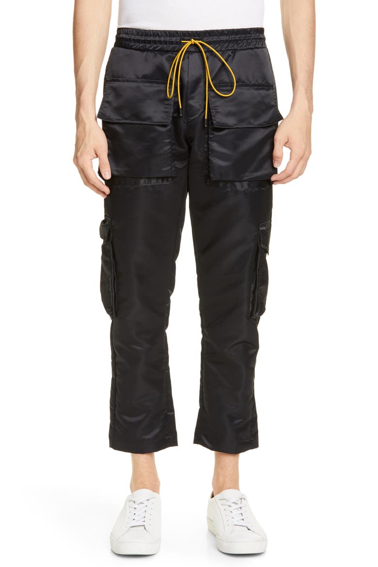 Cropped Satin Cargo Pants, Main, color, SATIN BLACK