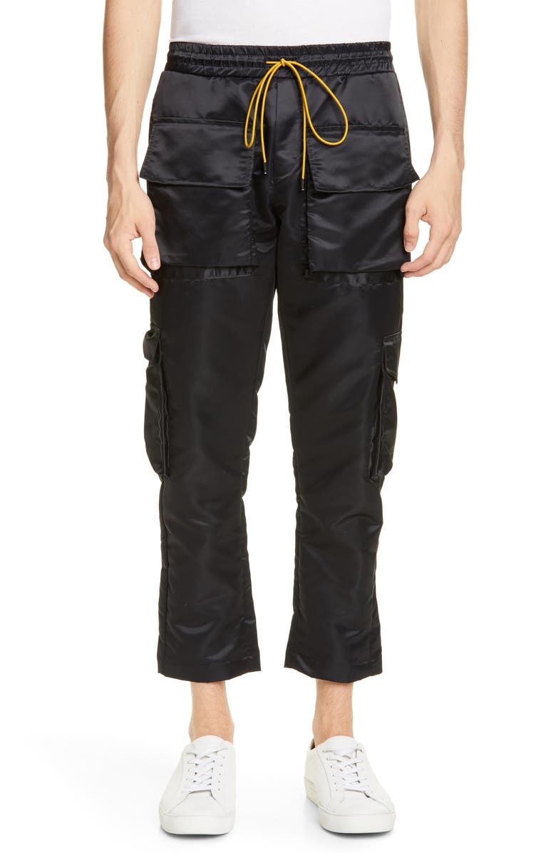 Rhude Cropped Satin Cargo Pants, Main, color, 