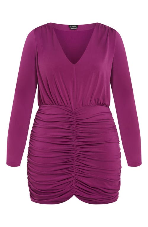 City Chic Sassy Sue Ruched Long Sleeve Minidress In Phlox