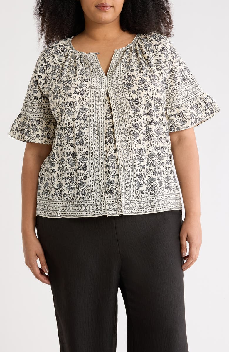 MAX STUDIO Elbow Flutter Sleeve Top, Main, color, Ivory/ Black Vintage Stencil