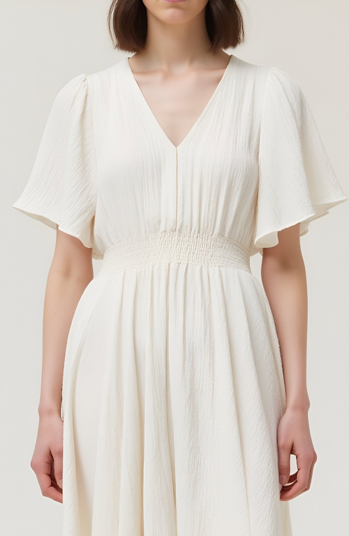 Modenaire V-neck Midi Dress With Flutter Sleeves And Handkerchief Hem In White